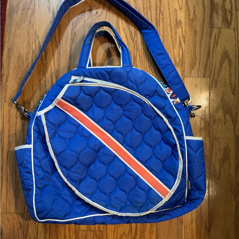 Blue Tennis Quilted Bag with Orange and White Stripe